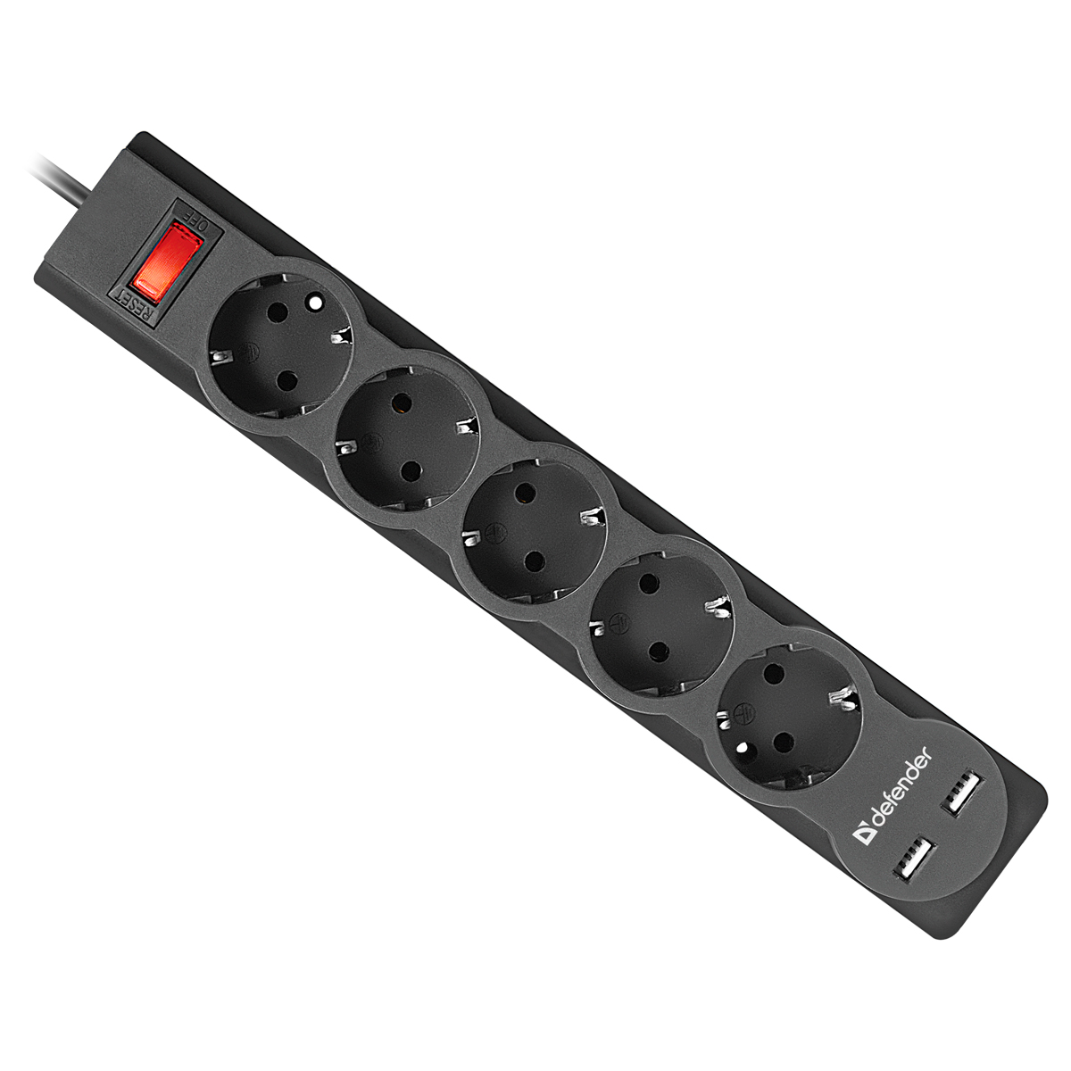 Сетевой фильтр Defender DFS 753 5 розеток 3,0м, 2xUSB, 2.1A, черный - фото 1