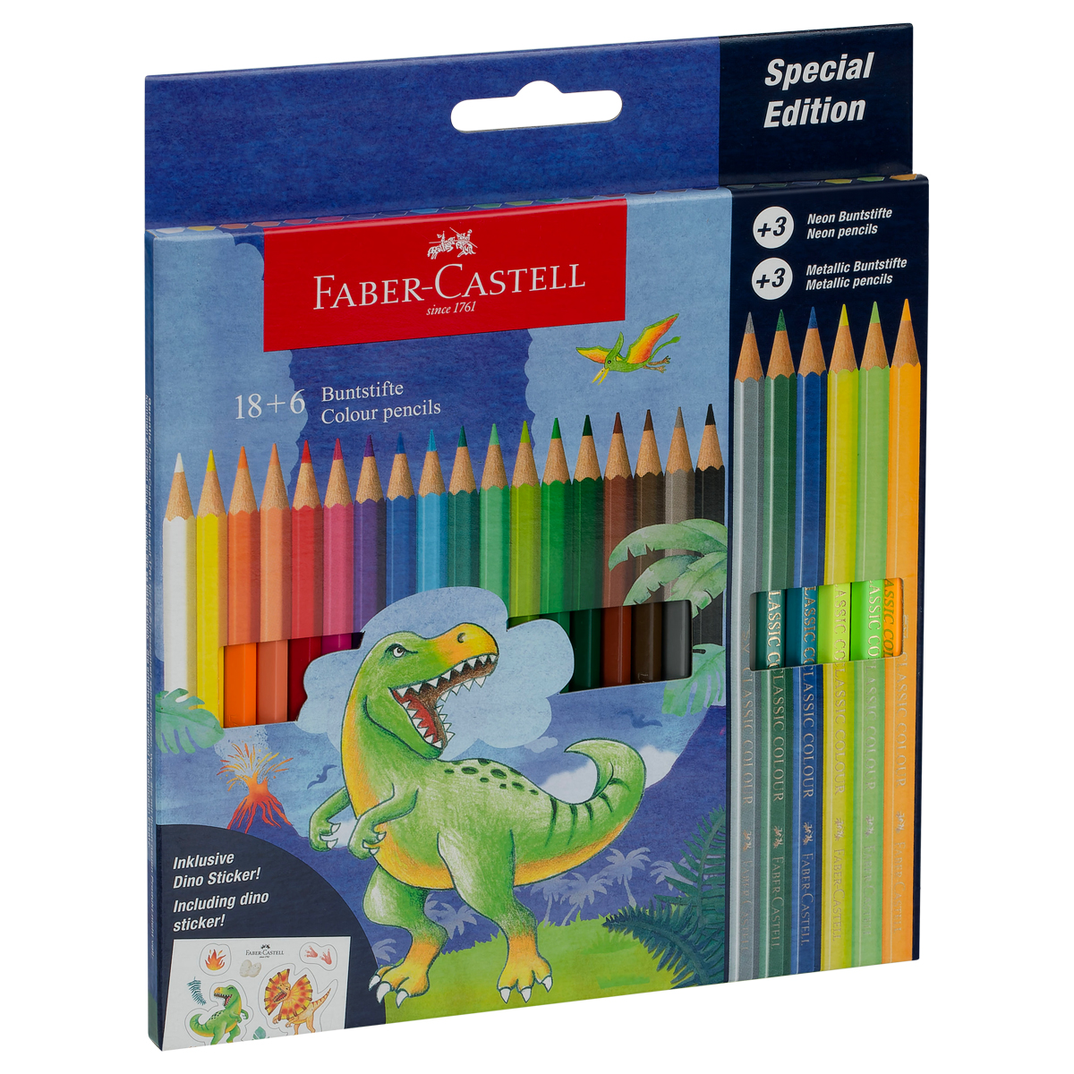Карандаши цветные Faber-Castell "Dinosaur", 18 цв. + 3 цв. металл. + 3 цв. неон. + наклейки, заточен., картон, европодвес - фото 8