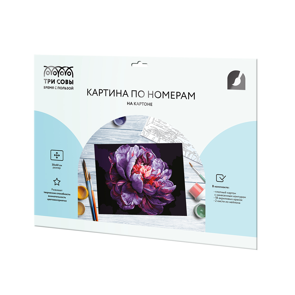 Картина по номерам на картоне ТРИ СОВЫ "Сиреневый пион", 30*40, с акриловыми красками и кистями - фото 2