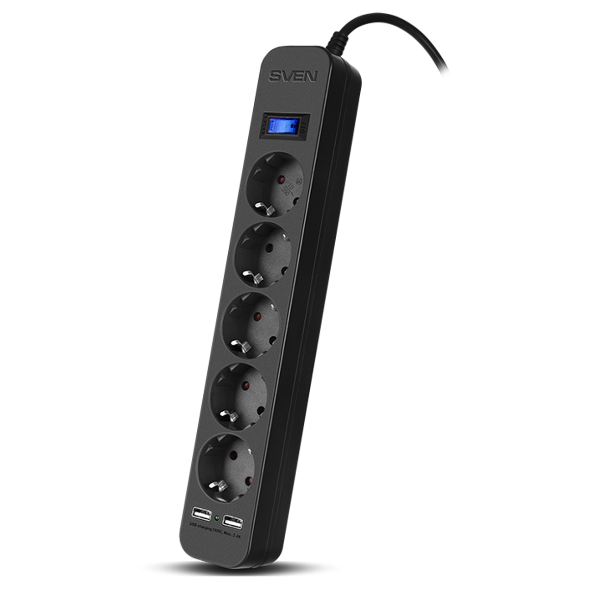 Сетевой фильтр Sven SF-05LU 5 розеток, ,2*USB 2.4А, 5м, черный - фото 1