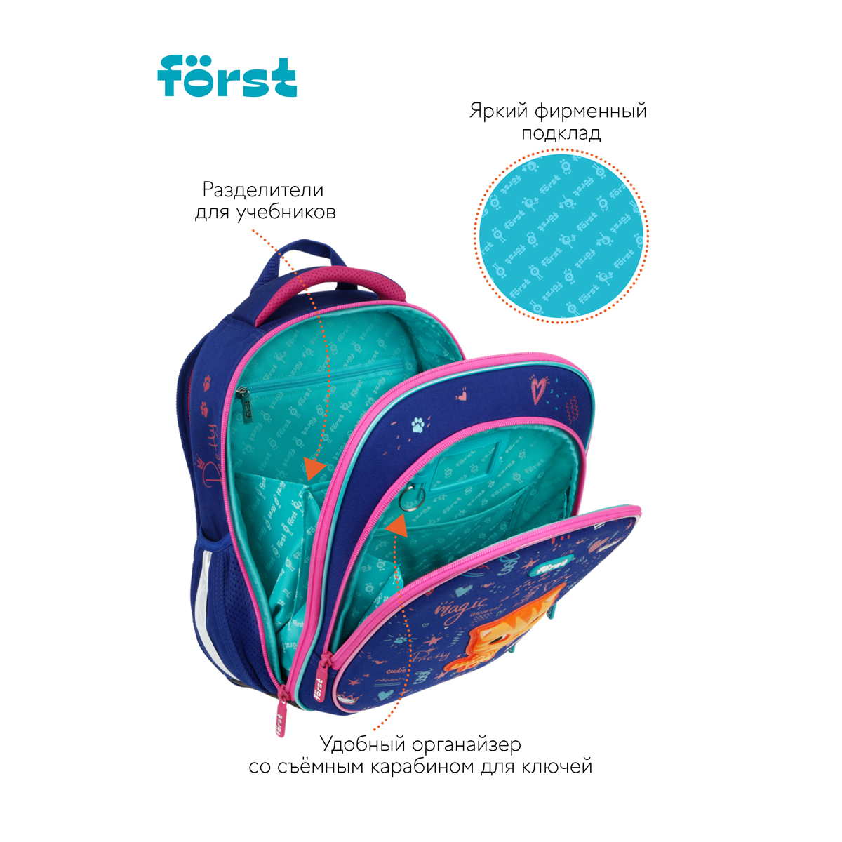 Ранец F?rst F-LIGHT "Funny cat" 37*28*16см, 2 отделения, 2 кармана, анатомическая спинка - фото 7