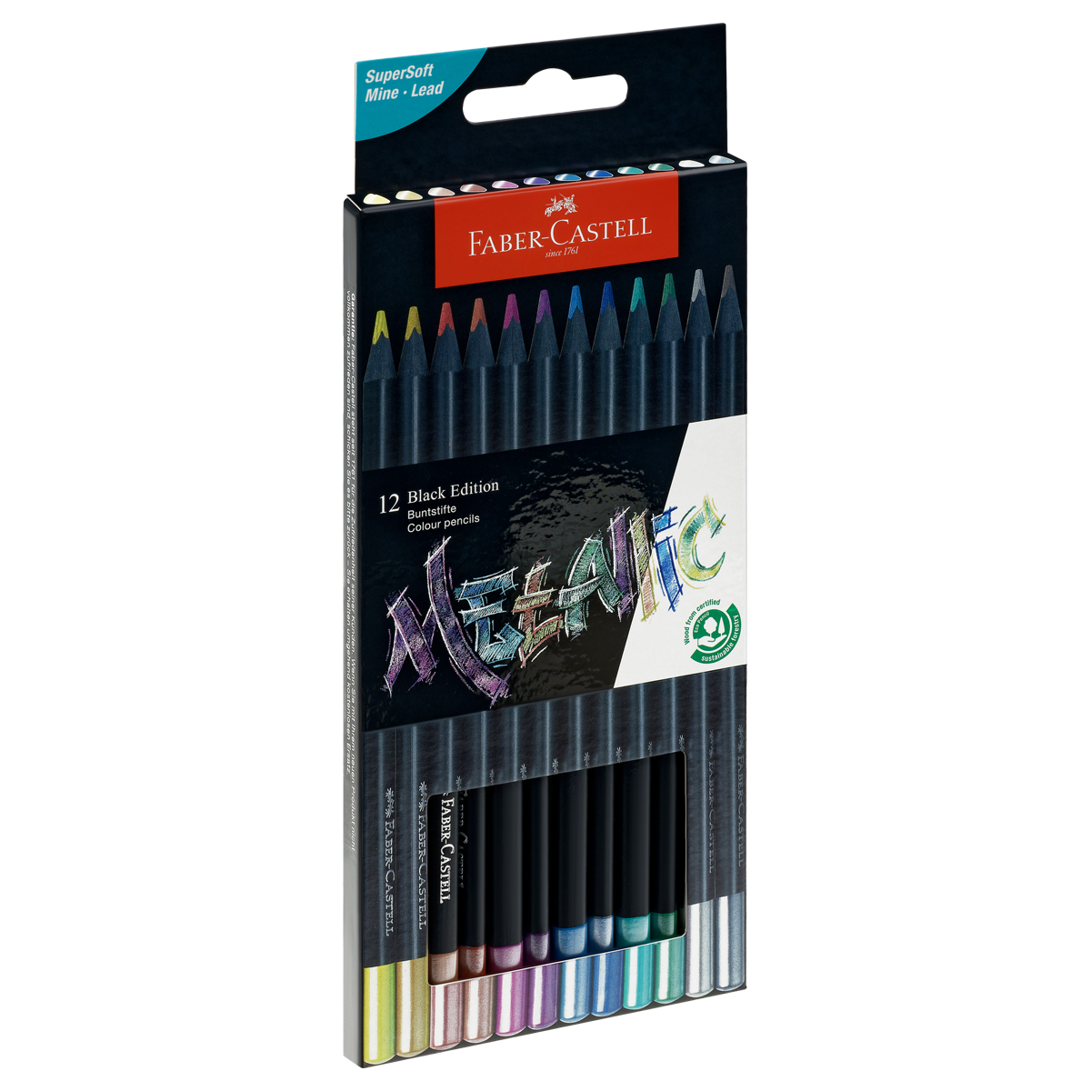 Карандаши цветные Faber-Castell "Black Edition", 12цв., металлик, трехгран., черное дерево, заточен., картон. - фото 1
