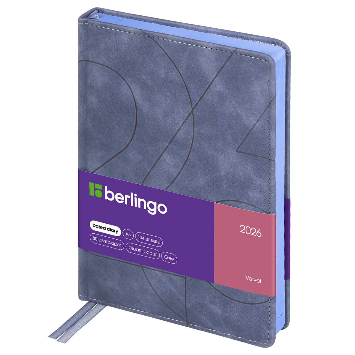 Ежедневник датированный 2026г., А5, 184л., кожзам, Berlingo "Velvet", цветной срез, серый - фото 1