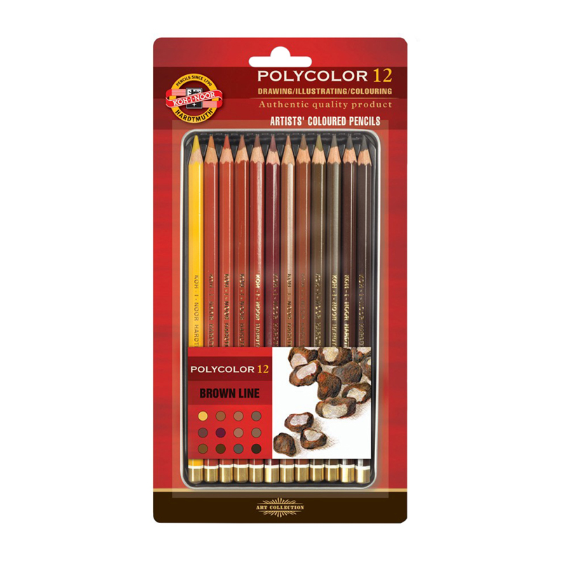 Карандаши цветные художественные Koh-I-Noor "Polycolor Brown Line", 12цв., заточен., металл. пенал, блистер - фото 1