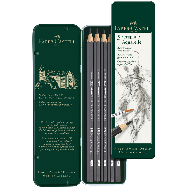 Набор карандашей ч/г акварельных Faber-Castell "Graphite Aquarelle", 5шт., HB-8B, заточ., метал. короб - фото 4