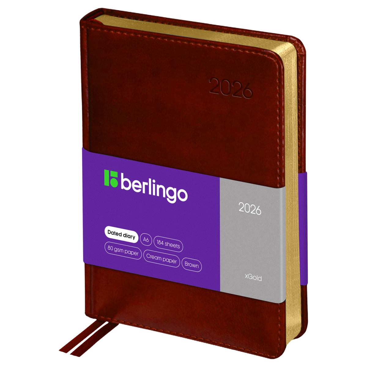 Ежедневник датированный 2026г., А6, 184л., кожзам, Berlingo "xGold", зол. срез, коричневый - фото 1