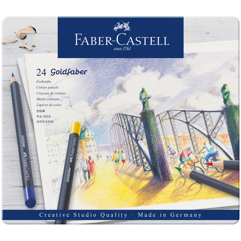 Карандаши цветные Faber-Castell "Goldfaber", 24цв., круглые, заточен., метал. коробка - фото 1