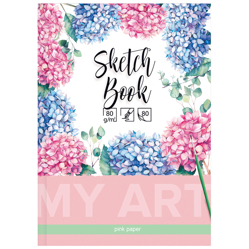 Скетчбук 80л., А5 BG "Цветущая гортензия", 7БЦ, матовая ламинация, розовый блок, 80г/м2 - фото 1
