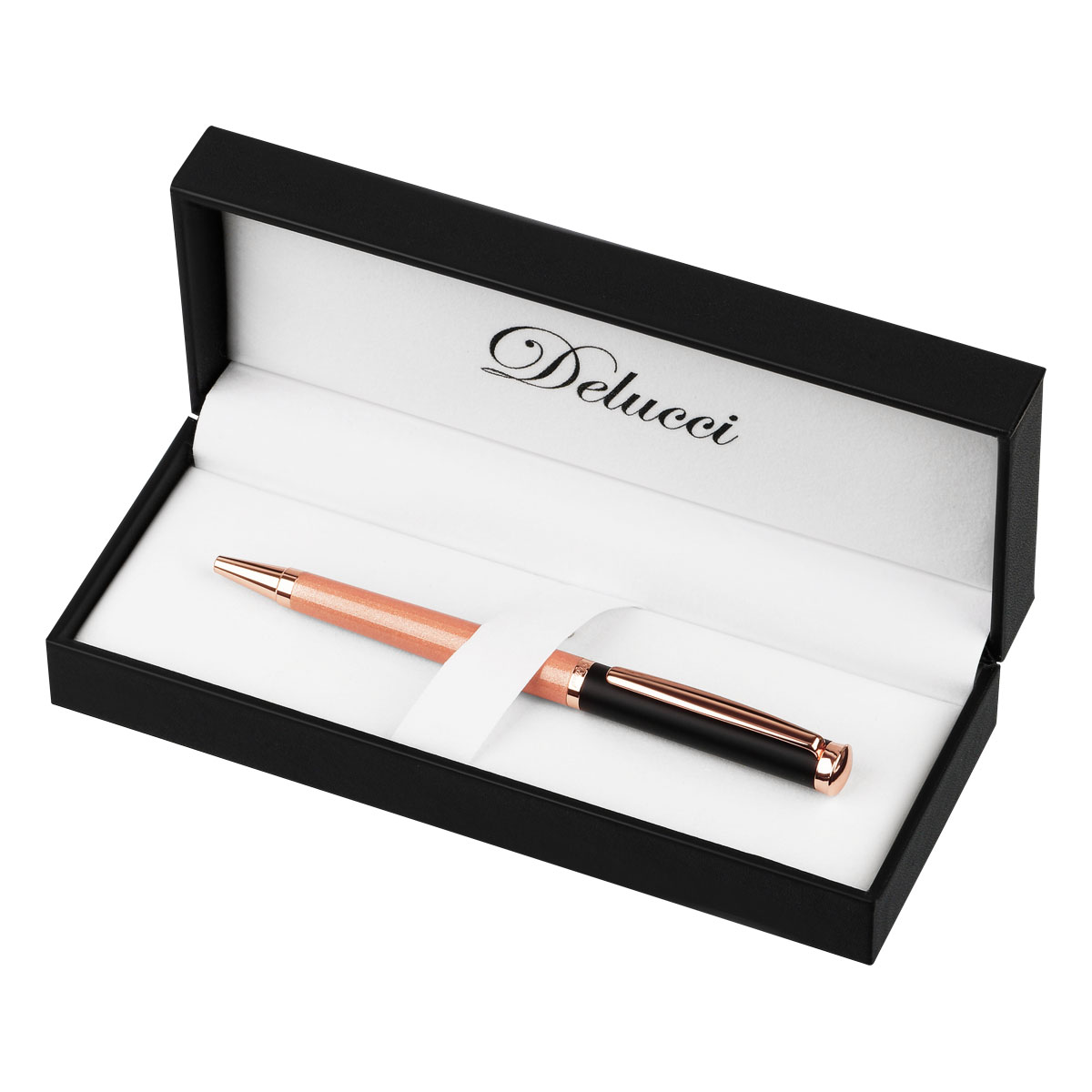 Ручка шариковая Delucci "Fenice" синяя, 1,0мм, корпус розовое золото/черный, поворотн., подарочная упаковка - фото 3