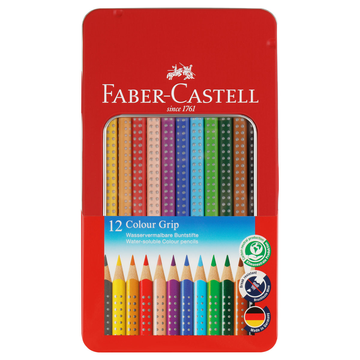Карандаши цветные Faber-Castell "Grip", 12цв., трехгран., заточен., метал. кор. - фото 1
