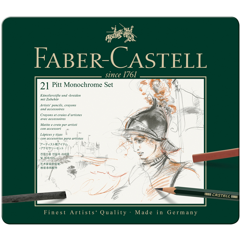 Набор художественных изделий Faber-Castell "Pitt Monochrome", 21 предмет, метал. коробка - фото 1