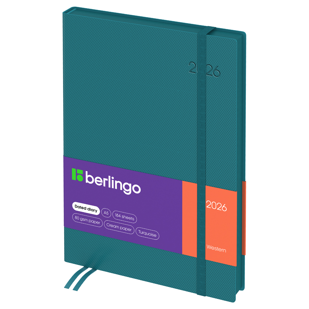 Ежедневник датированный 2026г., А5, 184л., кожзам, Berlingo "Western", бирюзовый, с резинкой - фото 1