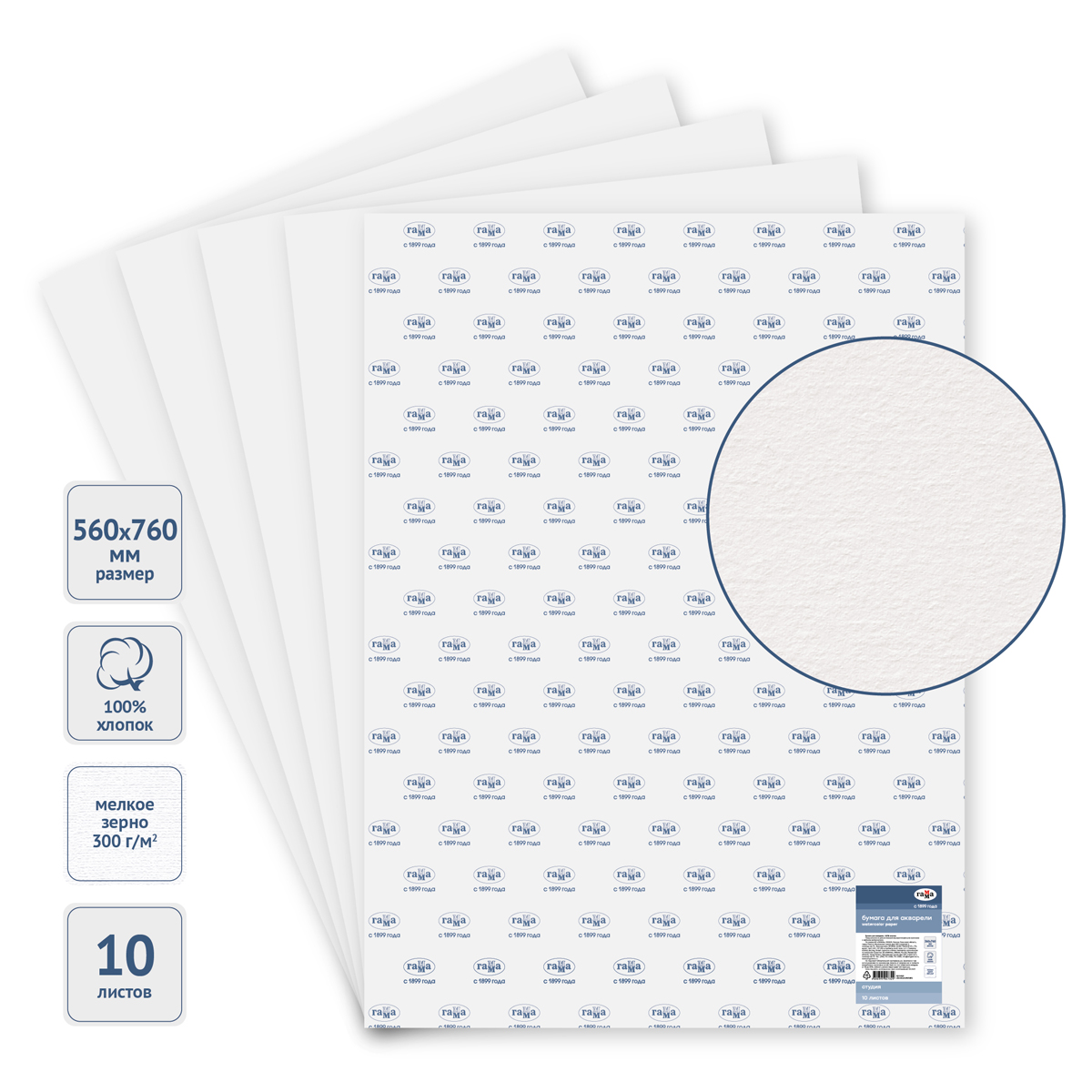 Бумага для акварели, 10л., 560*760мм, Гамма "Студия", 300г/м2, мелкое зерно, 100% хлопок - фото 1
