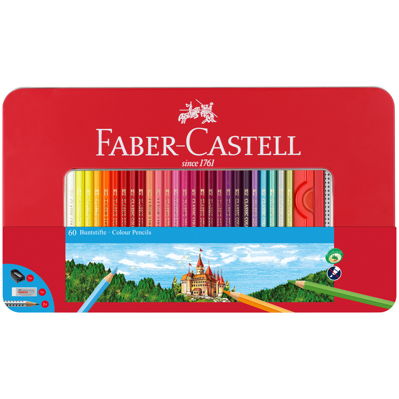 Карандаши цветные Faber-Castell "Замок", 60цв., шестигр., заточ.+2ч/г кар. Grip+ластик+точилка, метал. коробка - фото 1