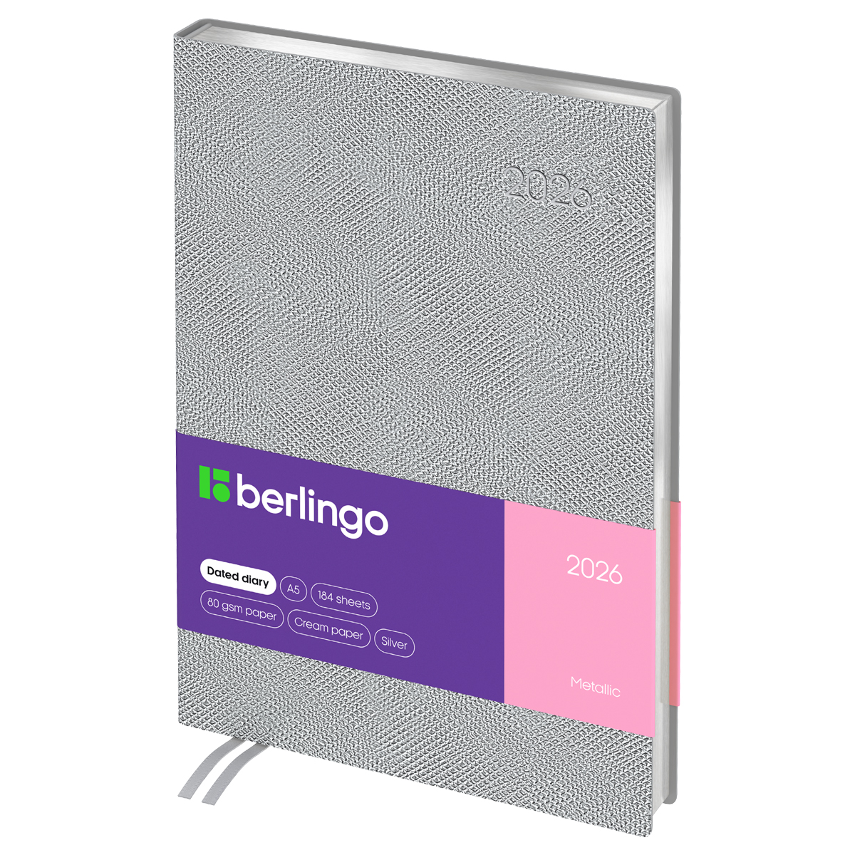 Ежедневник датированный 2026г., А5, 184л., кожзам, Berlingo "Metallic", сер. срез, серебряный металлик - фото 1