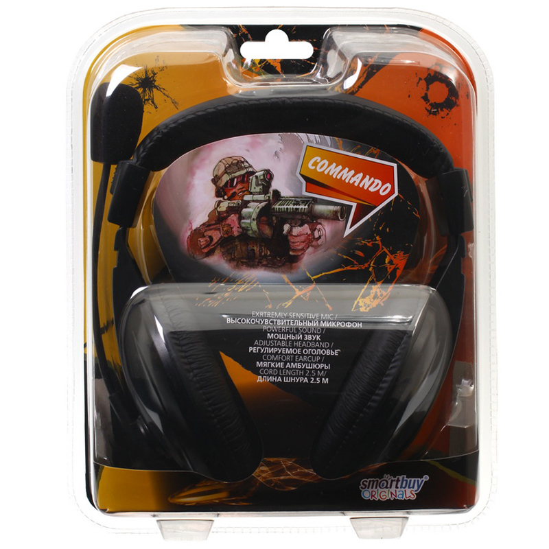 Наушники с микрофоном Smartbuy Commando, с регулятором громкости, 2,5м, черный - фото 3