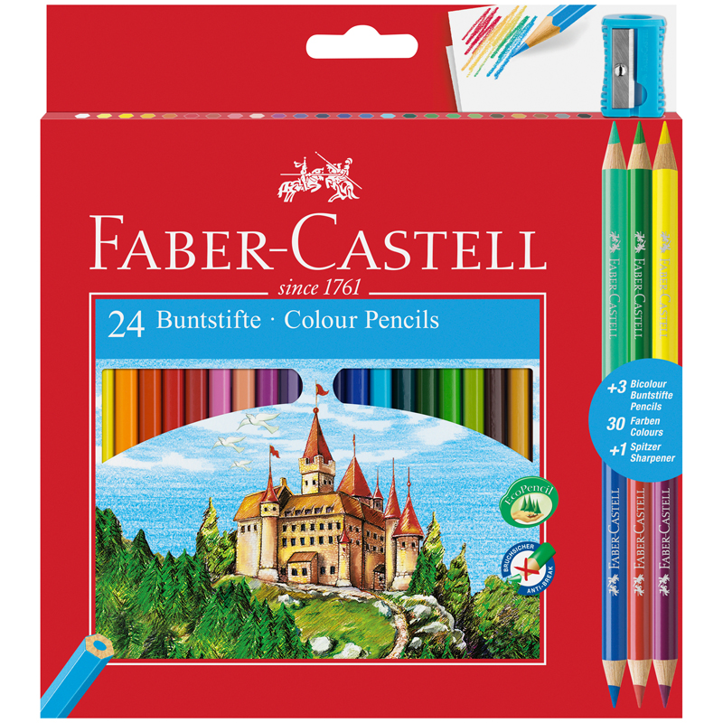 Карандаши цветные Faber-Castell "Замок", 24цв., шестигр., заточ.+6цв.+точилка, картон, европодвес - фото 1