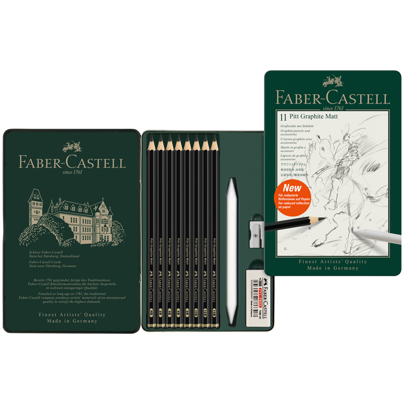 Набор карандашей ч/г матовых Faber-Castell "Pitt Graphite Matt" HB, 2B, 4B, 6B, 8B, 10B, 12B, 14B, заточ, ластик, метал.точилка, растушевка, метал.кор - фото 2