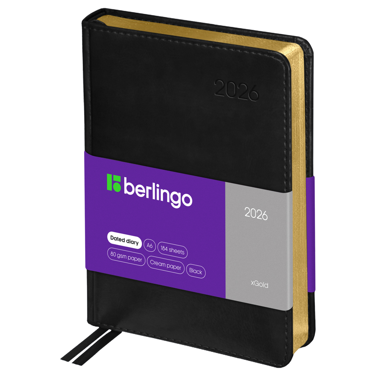 Ежедневник датированный 2026г., А6, 184л., кожзам, Berlingo "xGold", зол. срез, черный - фото 1