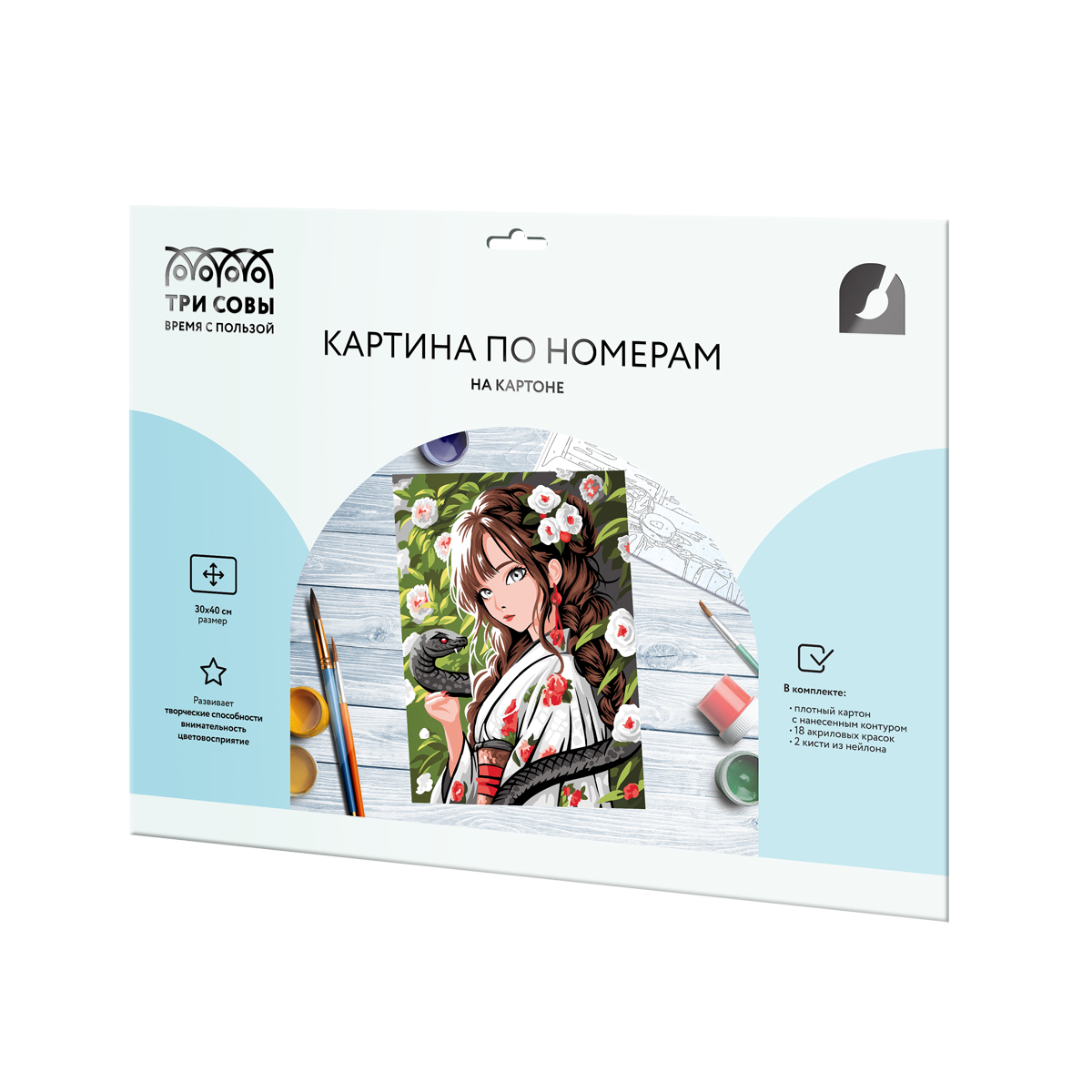 Картина по номерам на картоне ТРИ СОВЫ "Девушка с черной змеей", 30*40, с акриловыми красками и кистями - фото 2