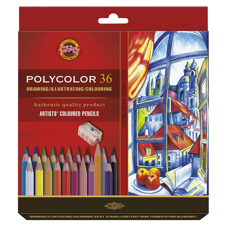 Карандаши цветные художественные Koh-I-Noor "Polycolor 3835", 36цв., заточен.+ точилка+2 ч/гр. кар. 1500, картон, европодвес - фото 1