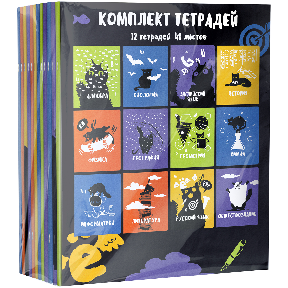 Комплект (12 шт.) предметных тетрадей 48л. BG "Черный Кот",  выборочный лак - фото 1