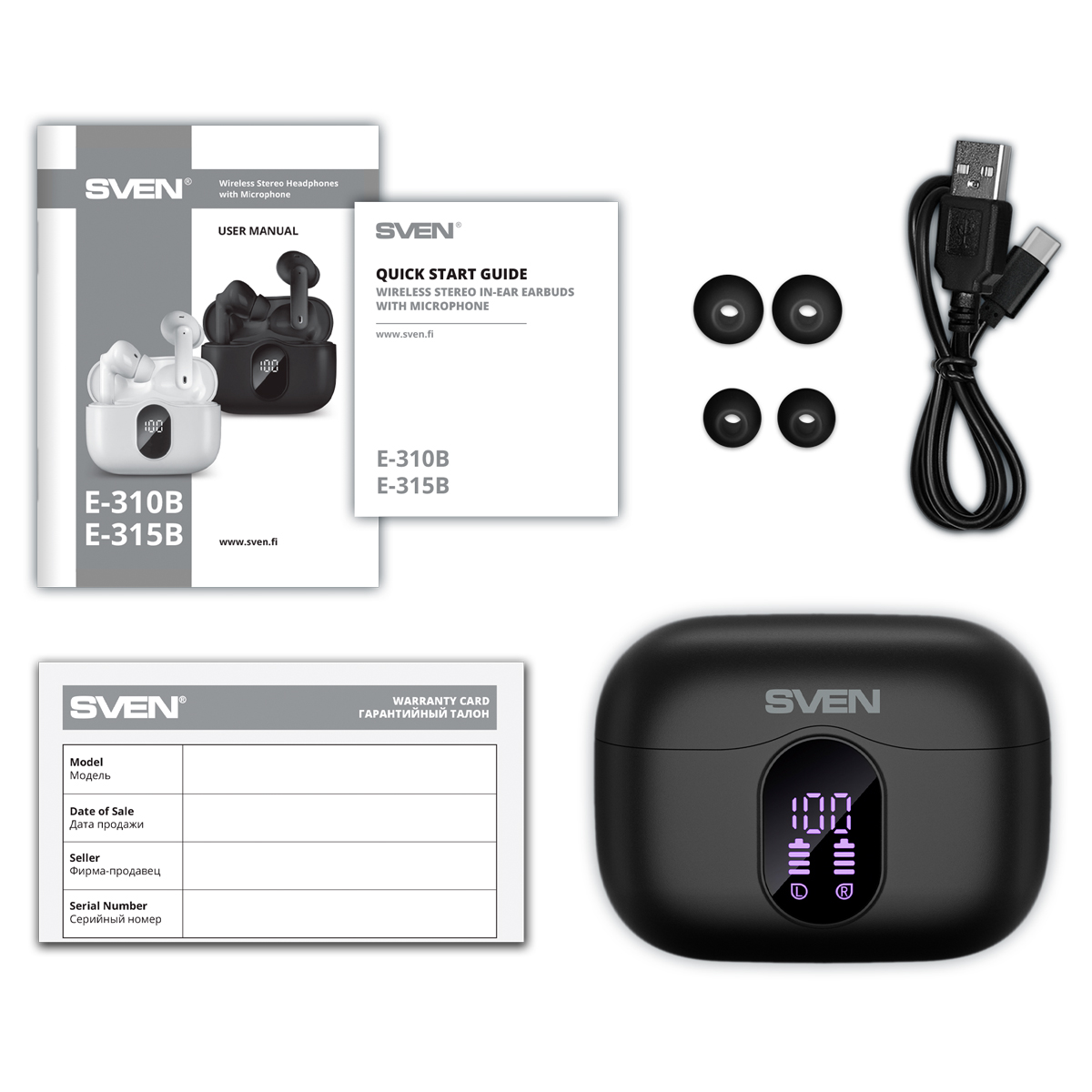 Наушники с микрофоном беспроводные Sven E-315B, TWS Bluetooth, разъем Type-C, черный - фото 6