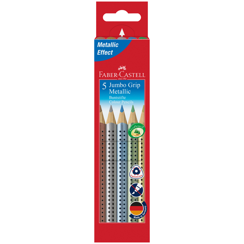 Карандаши цветные Faber-Castell "Jumbo Grip Metallic", 05цв., трехгр., утолщ., заточ., картон, европодвес - фото 1