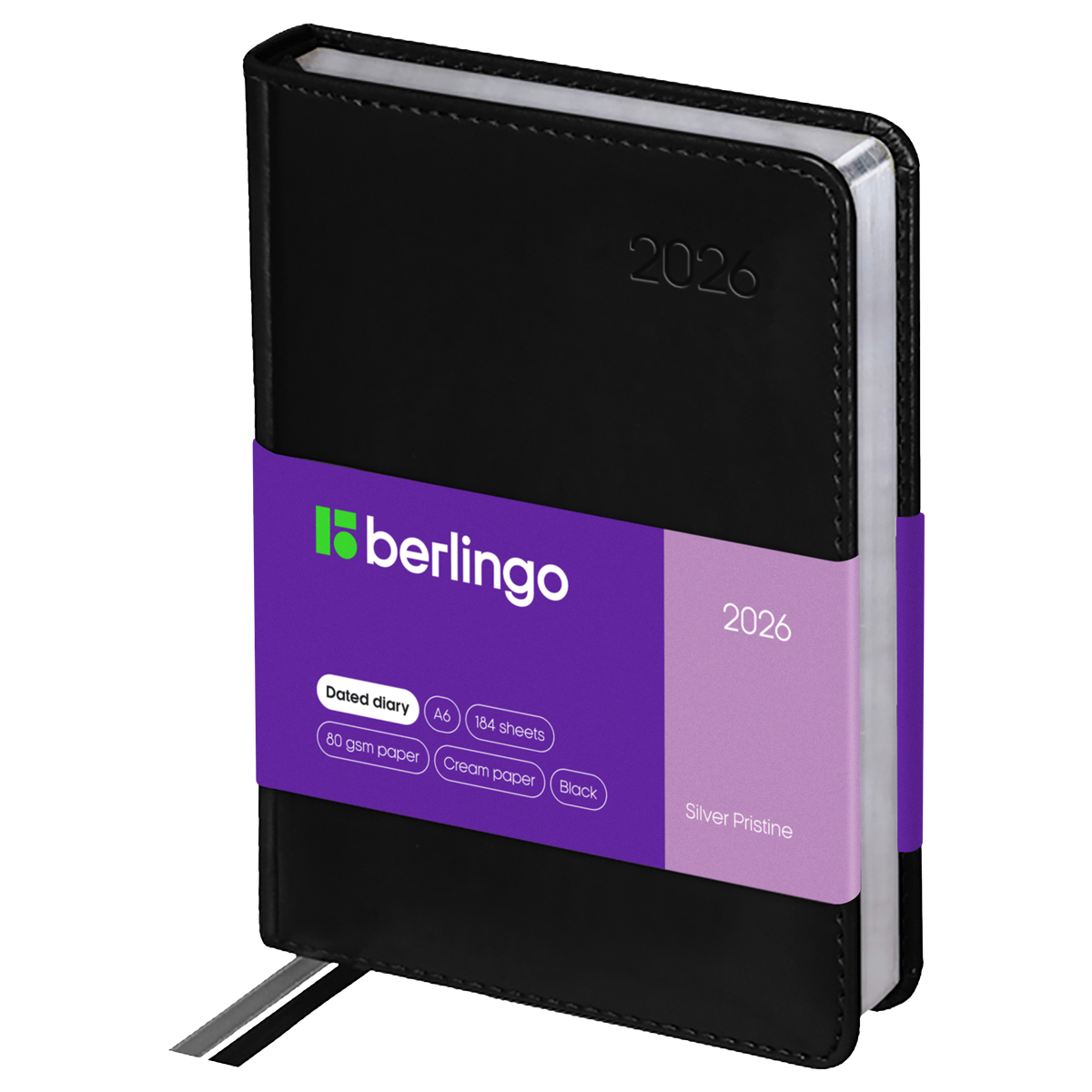 Ежедневник датированный 2026г., А6, 184л., кожзам, Berlingo "Silver Pristine", сер. срез, черный - фото 1