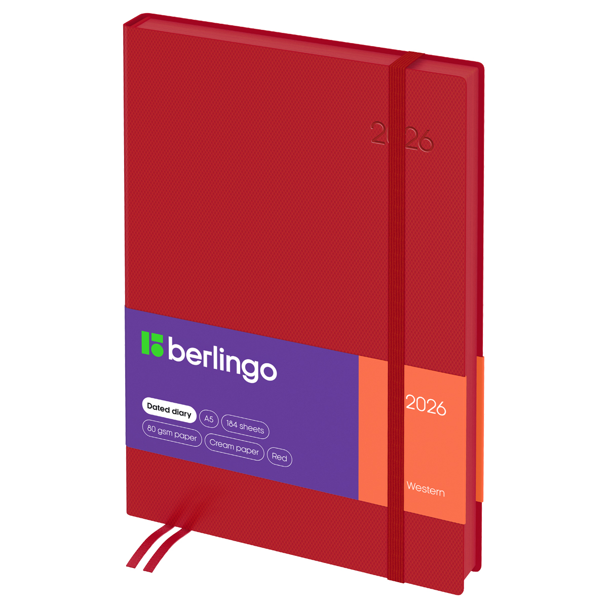 Ежедневник датированный 2026г., А5, 184л., кожзам, Berlingo "Western", красный, с резинкой - фото 1