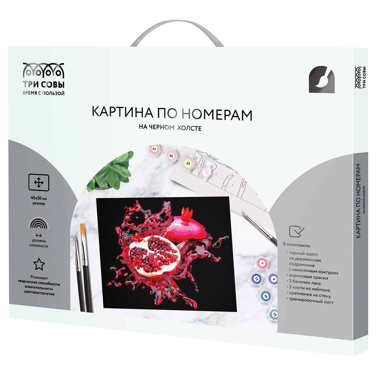 Картина по номерам на черном холсте ТРИ СОВЫ "Сочный гранат", 40*50, c акриловыми красками и кистями - фото 2