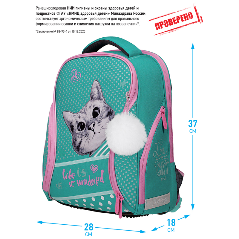 Ранец Berlingo Nova "Curious cat" 37*28*18см, 2 отделения, 2 кармана, анатомическая спинка - фото 2