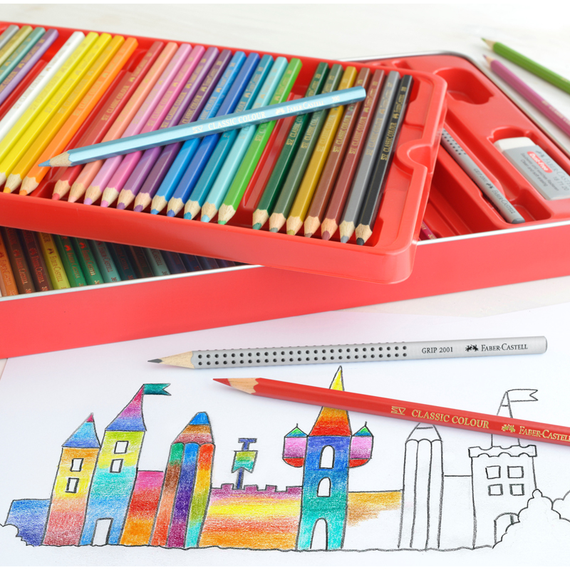 Карандаши цветные Faber-Castell "Замок", 60цв., шестигр., заточ.+2ч/г кар. Grip+ластик+точилка, метал. коробка - фото 2