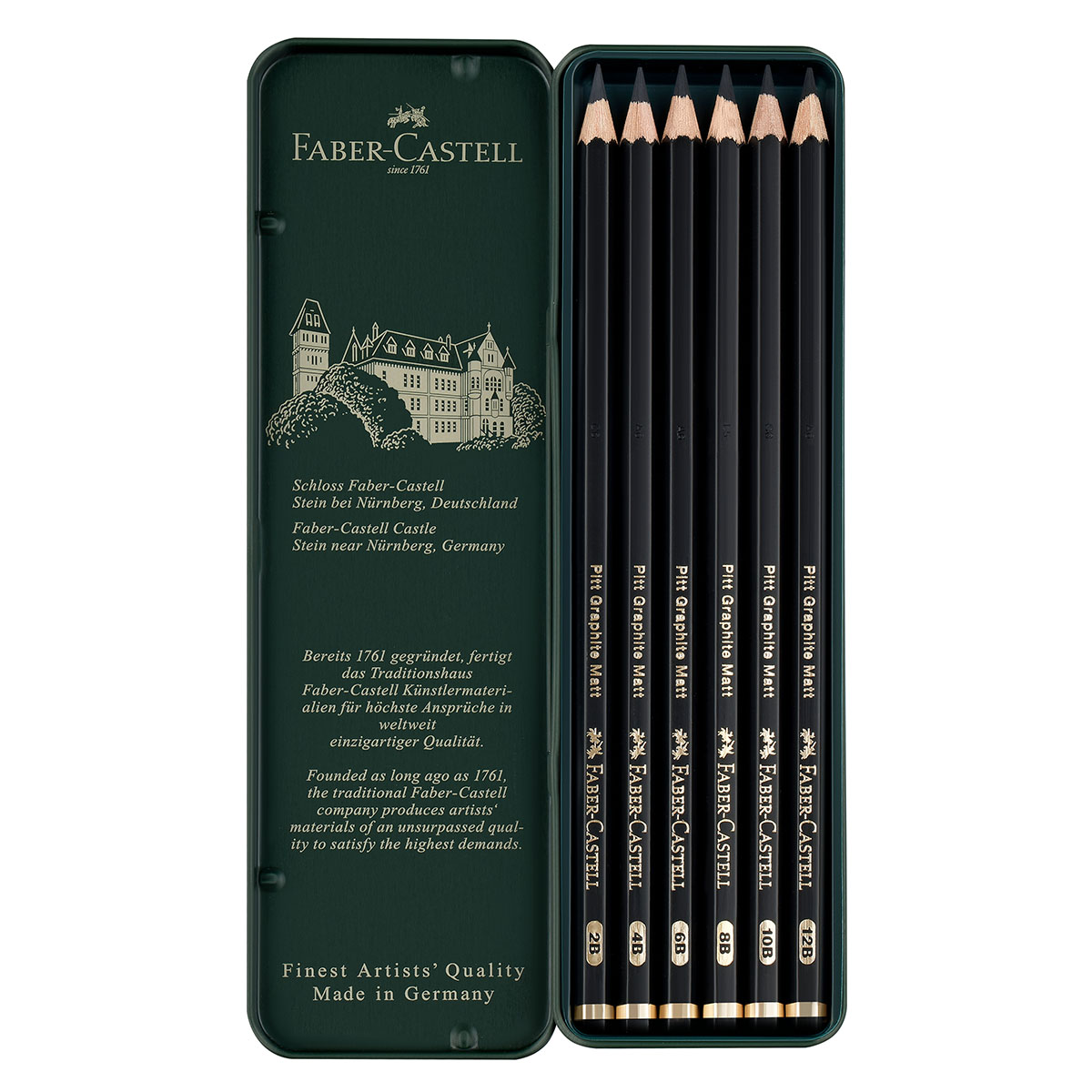 Набор карандашей ч/г матовых Faber-Castell "Pitt Graphite Matt" 2B, 4B, 6B, 8B, 10B, 12B, заточ., метал.кор - фото 2