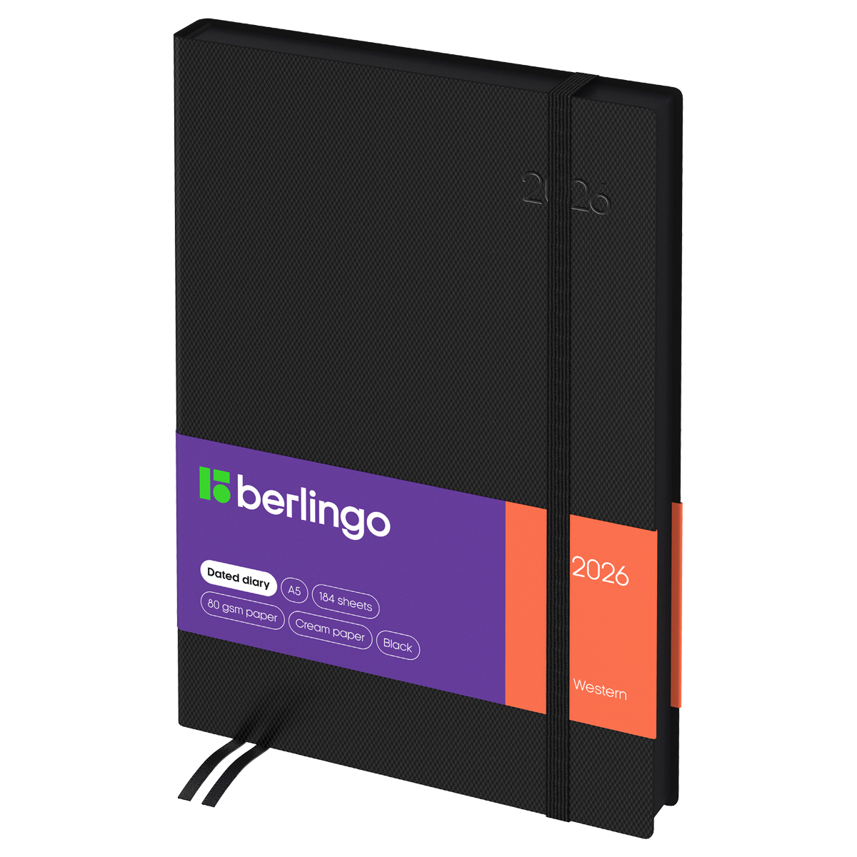 Ежедневник датированный 2026г., А5, 184л., кожзам, Berlingo "Western", черный, с резинкой - фото 1