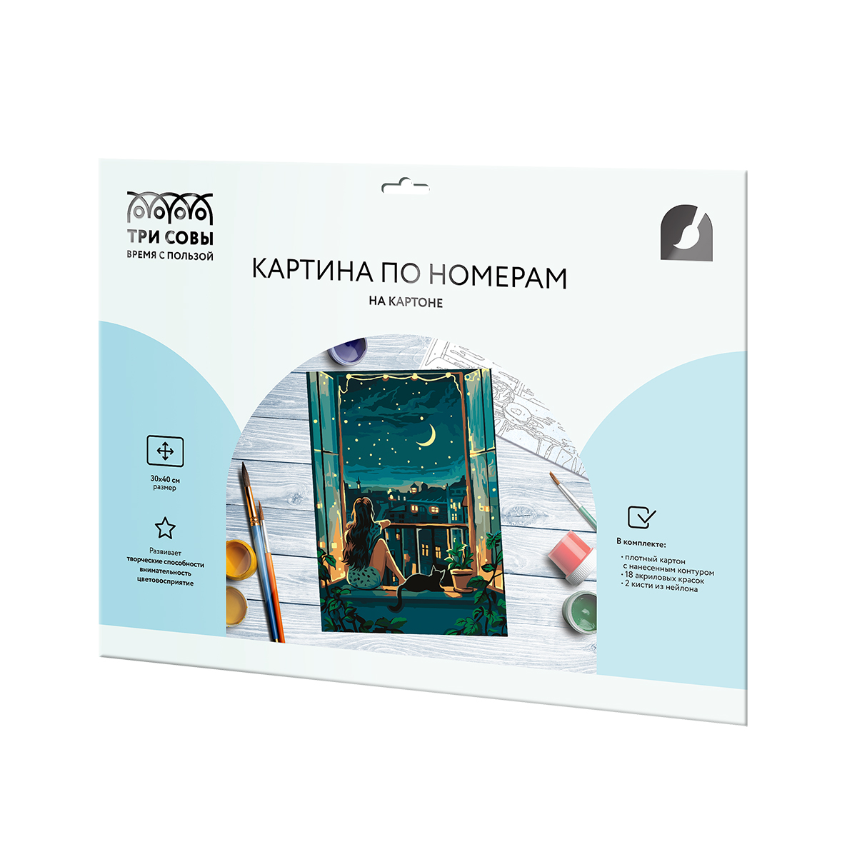Картина по номерам на картоне ТРИ СОВЫ "Звездная ночь", 30*40, с акриловыми красками и кистями - фото 2