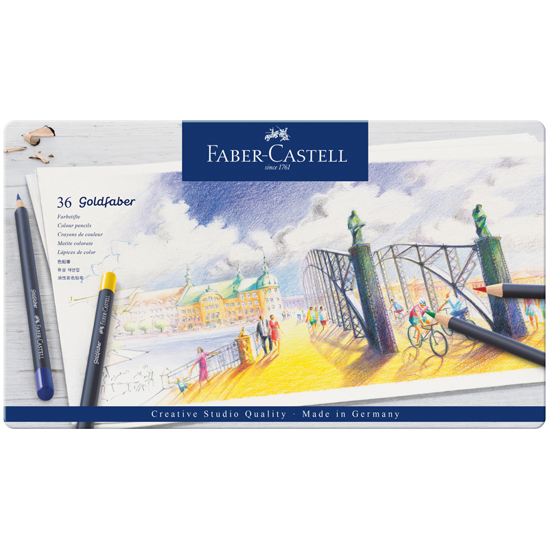 Карандаши цветные Faber-Castell "Goldfaber", 36цв., круглые, заточен., метал. коробка - фото 1