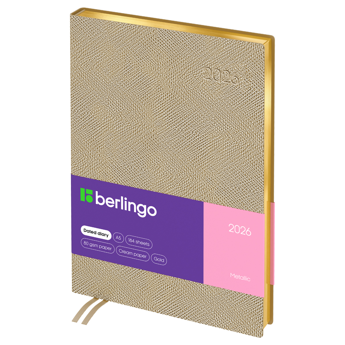 Ежедневник датированный 2026г., А5, 184л., кожзам, Berlingo "Metallic", зол. срез, золотой металлик - фото 1
