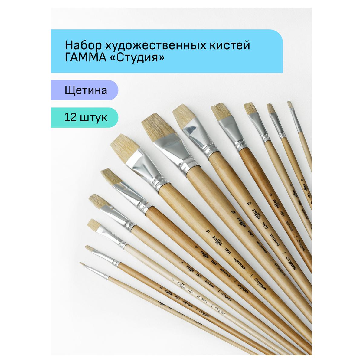 Набор художественных кистей щетина Гамма "Студия", 12шт., плоские №1, 2, 3, 4, 5, 6, 7, 8, 9, 10, 11, 12 - фото 2