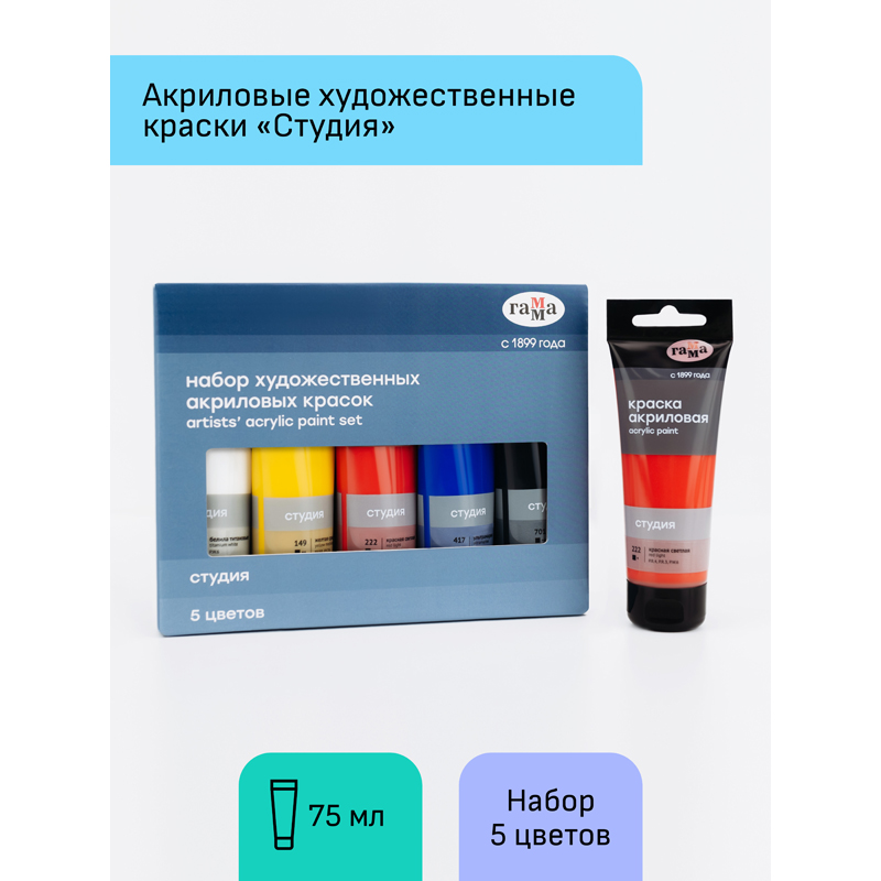 Краски акриловые художественные Гамма "Студия", 05цв., 75мл/туба, картон. упаковка - фото 2