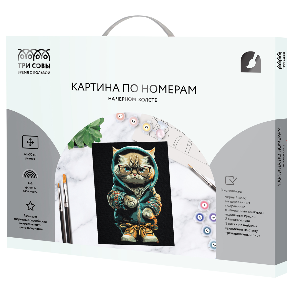Картина по номерам на черном холсте ТРИ СОВЫ "Стильный кот", 40*50, c акриловыми красками и кистями - фото 2