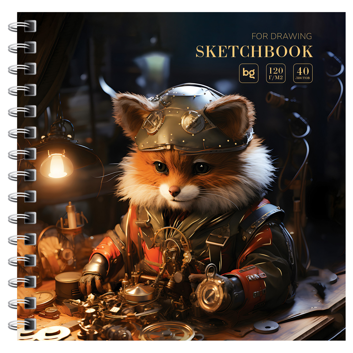 Скетчбук 40л., 170*170 BG "Steampunk. Fox", на гребне, глянцевая ламинация, фольга, 120г/м2 - фото 1