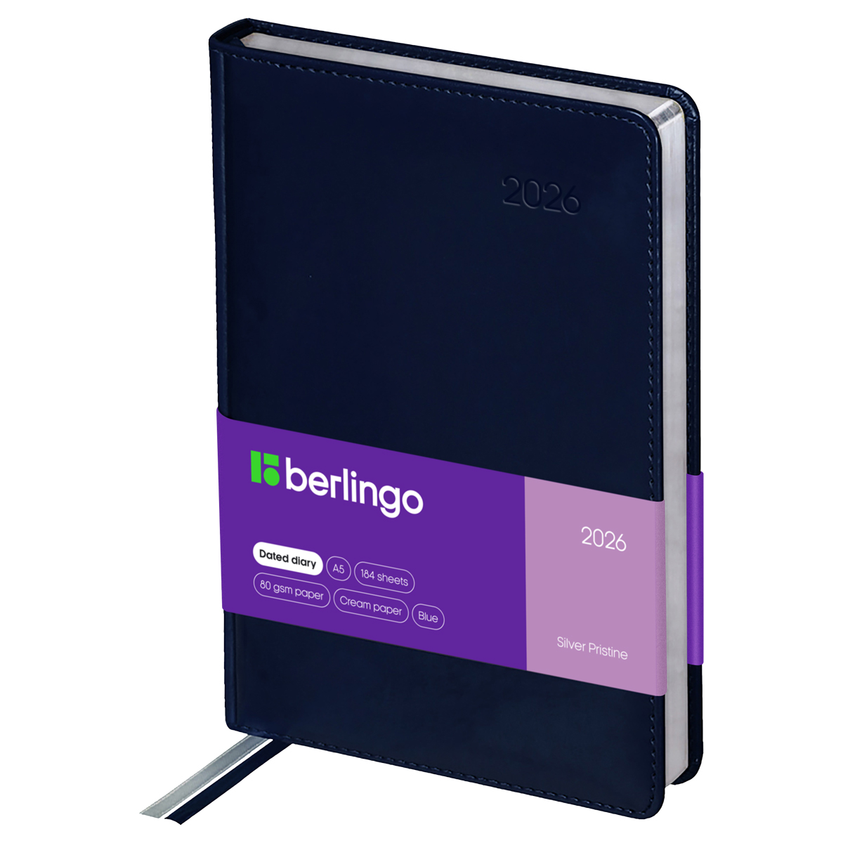 Ежедневник датированный 2026г., А5, 184л., кожзам, Berlingo "Silver Pristine", сер. срез, синий - фото 1
