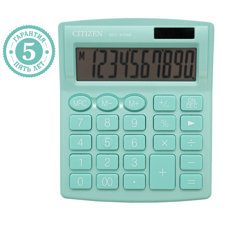 Калькулятор настольный Citizen SDC-810NR-GN, 10 разрядов, двойное питание, 102*124*25мм, бирюзовый - фото 2