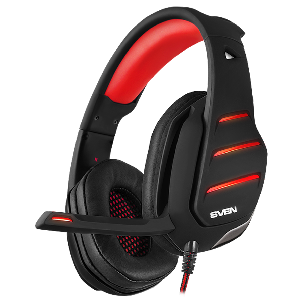 Наушники с микрофоном Sven AP-U997MV (с регулятором громкости), 2,2м, подсветка, звук 7.1, подключение через USB, красный, черный - фото 1