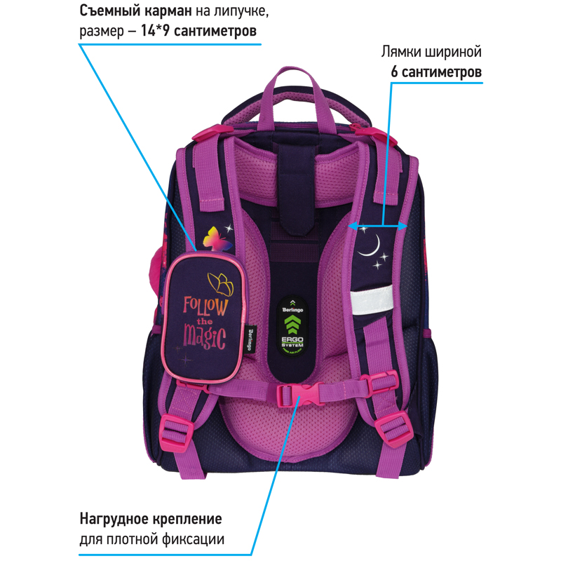 Ранец Berlingo Expert Max "Magic butterfly" 37*28*16см, 2 отделения, анатомическая спинка, дождевик в комплекте - фото 6