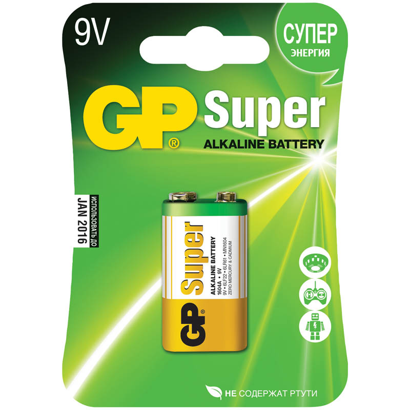Батарейка GP Super 6LR61/Крона 9V/1604A 1604A-5CR1/1604AA21-5CRSBC1 бл/1 - фото 1