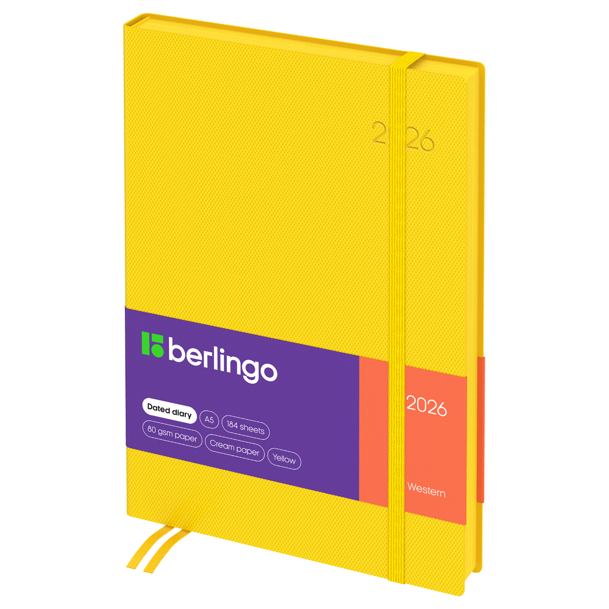 Ежедневник датированный 2026г., А5, 184л., кожзам, Berlingo "Western", желтый, с резинкой - фото 1