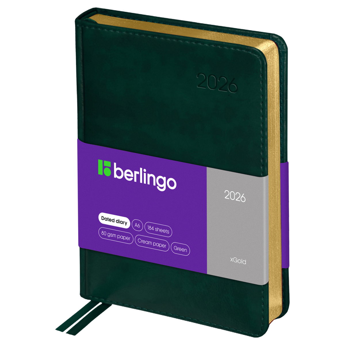 Ежедневник датированный 2026г., А6, 184л., кожзам, Berlingo "xGold", зол. срез, зеленый - фото 1