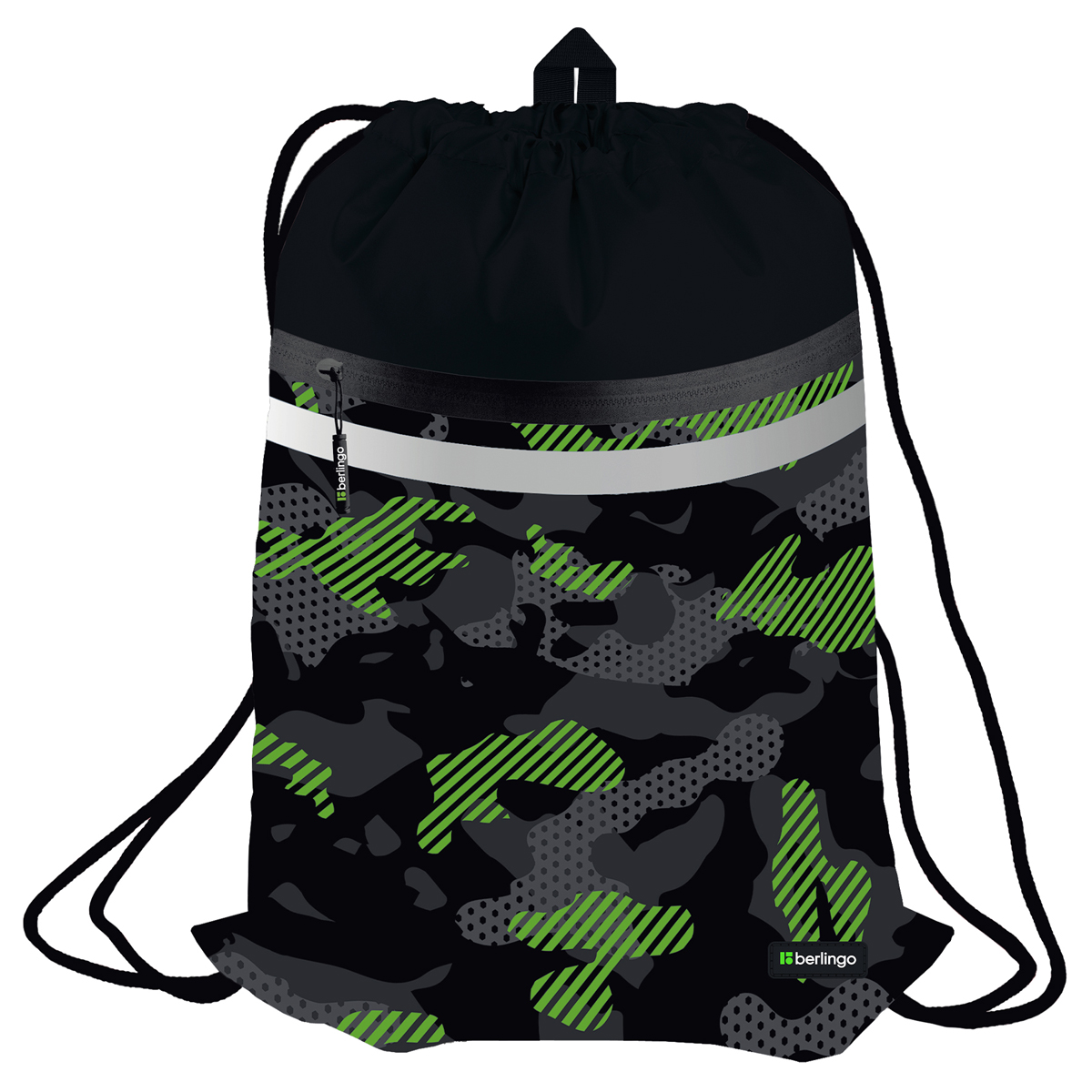 Мешок для обуви 1 отделение Berlingo "Black and green", 340*460мм, вентиляционная сеточка, светоотражающая лента, карман на молнии - фото 1